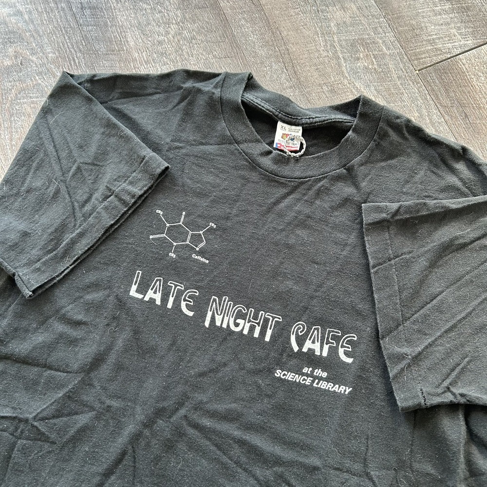 VTG 90s Caffeine Molecular Chemistry Science T Shirt Black Sz XL single stitch